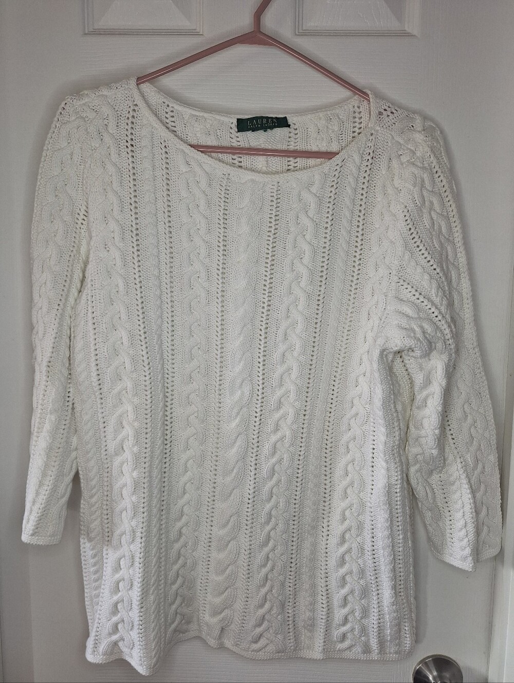 Ralph Lauren White Cable-Knit Scoop Neck Sweater